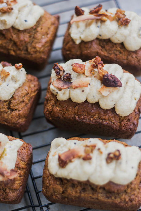 Mini Carrot Cake Loaves with Passion Fruit Cashew Cream